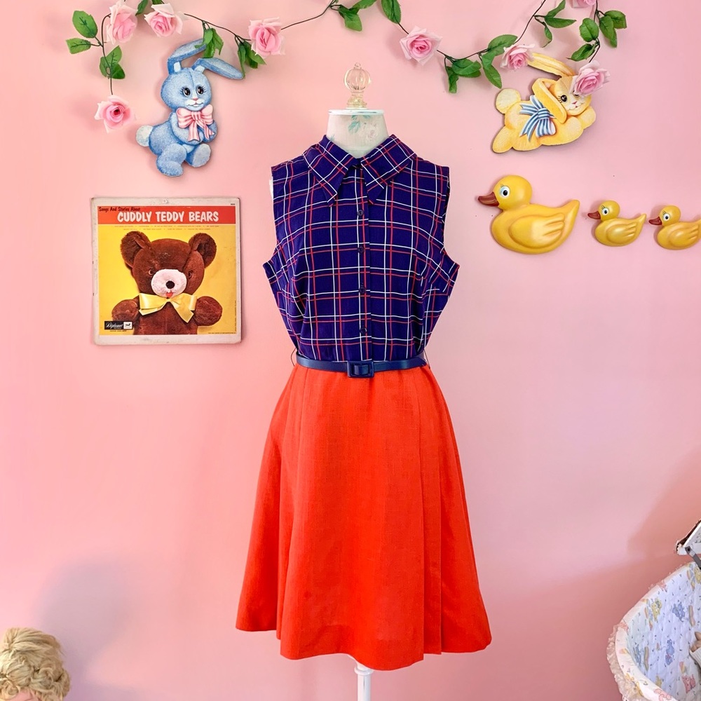 Vintage 60s preppy blue & red plaid mini dress